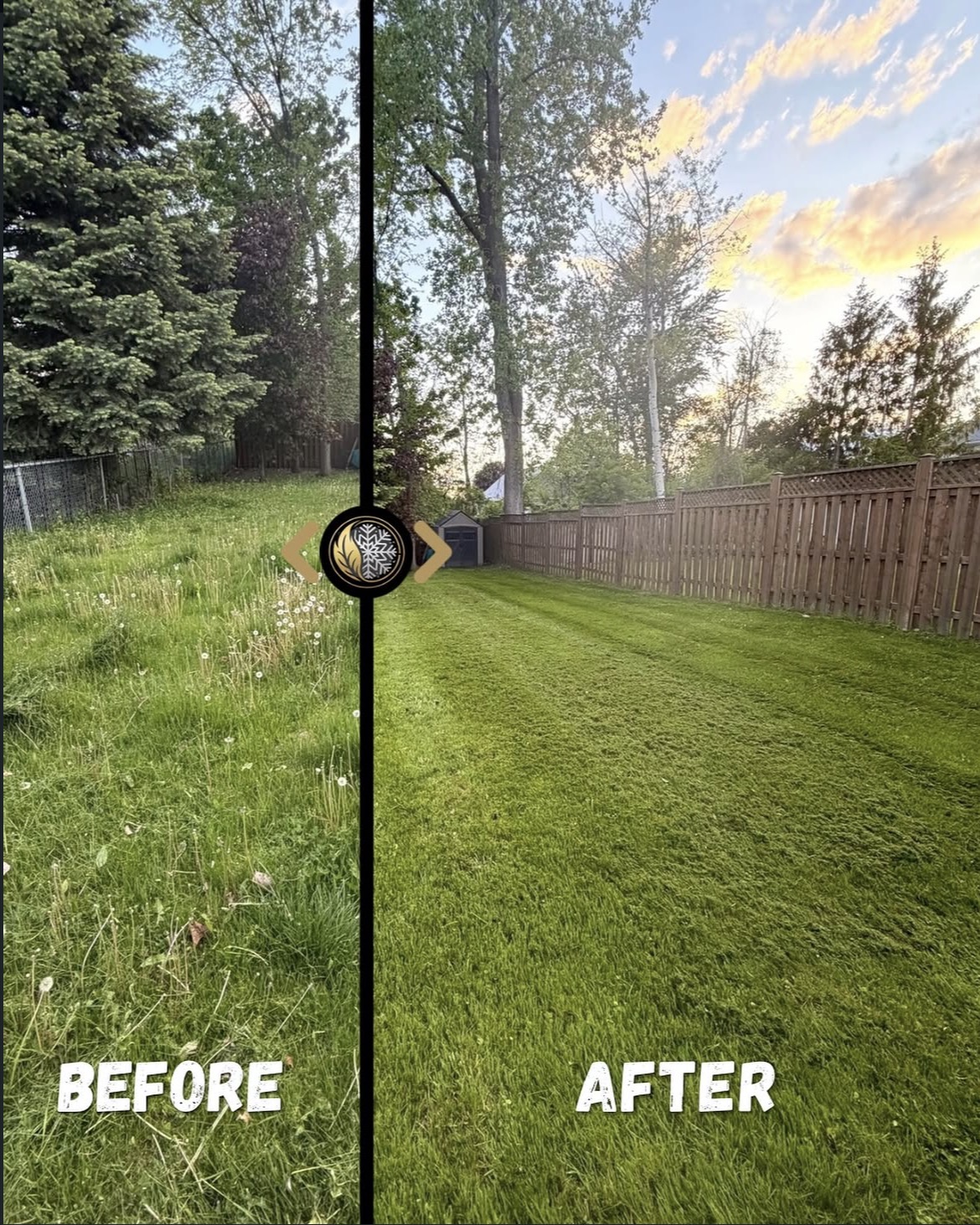Before and after lawn mowing transformation by Prestige Property Maintenance